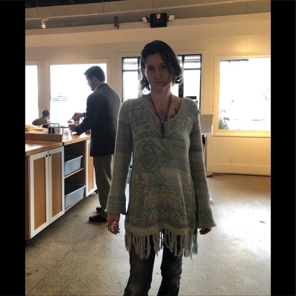 Free People Dream The Story Cloud Blue Tunic Hooded Pull Over Fringe Boho - Picture 2 of 5